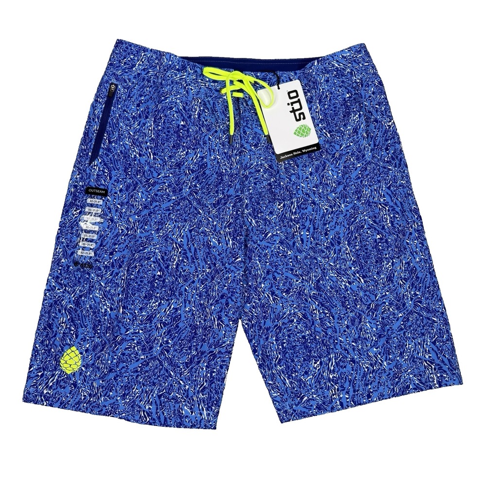 Stio CFS Board Short Men 32 Blue Waves 21.5" Swim Surf Stretch Quick Dry UPF New